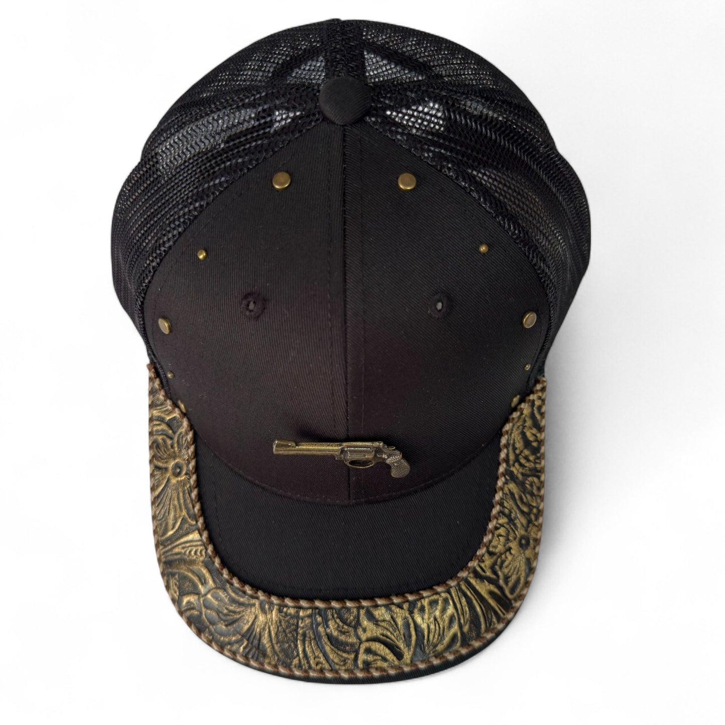 Gorra Trucker Vaquera Artesanal Negra Pistola | Cuero Sintético y Herrajes | Hecha en México