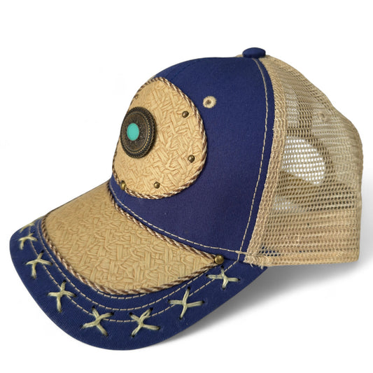 Gorra Trucker Artesanal Azul Amuleto | Cuero Sintético y Herrajes | Hecha en México