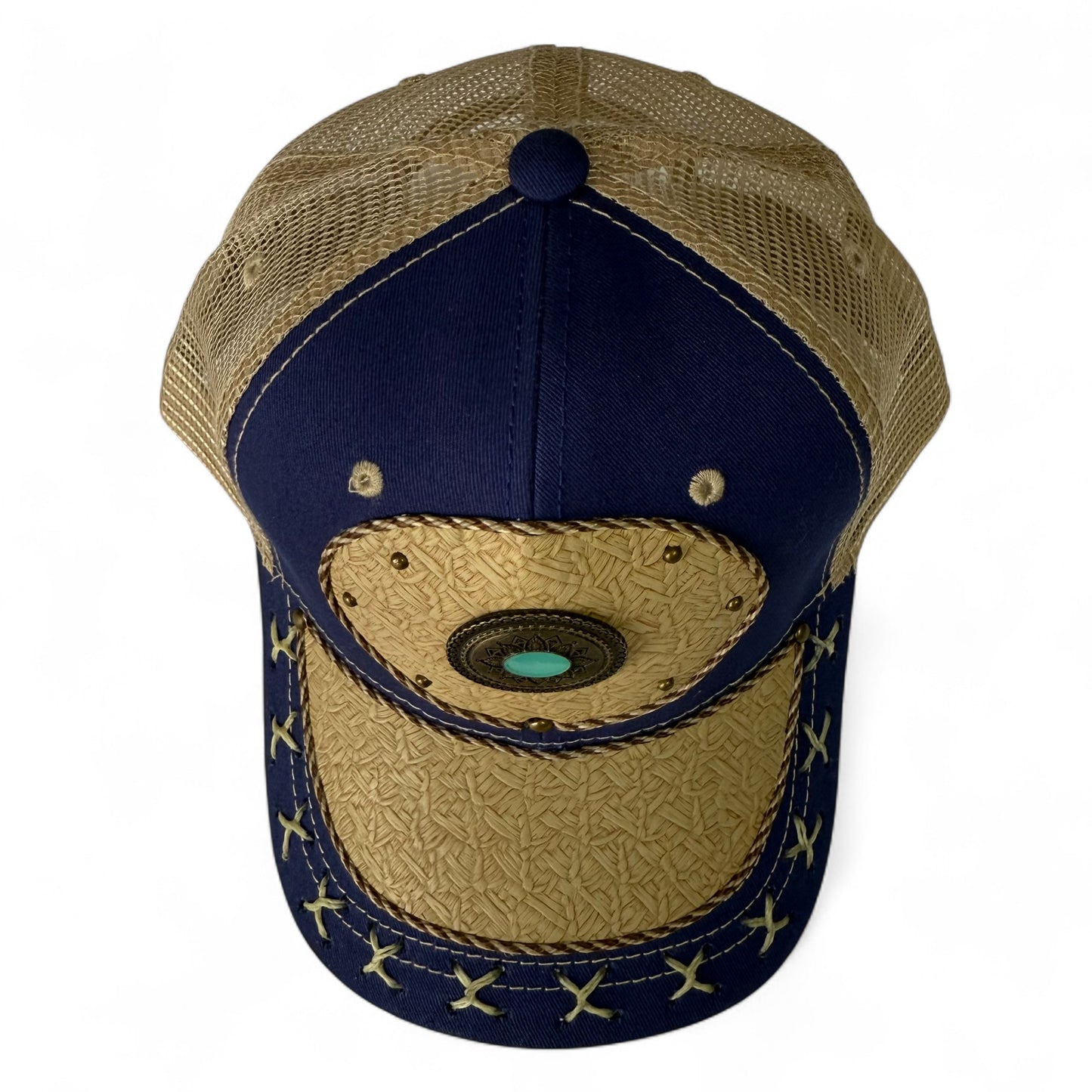 Gorra Trucker Artesanal Azul Amuleto | Cuero Sintético y Herrajes | Hecha en México