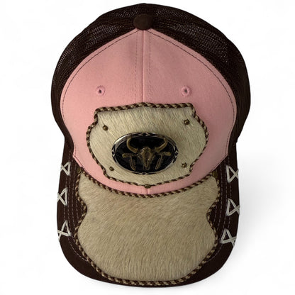 Gorra Trucker Vaquera Artesanal Rosa | Cuero con Pelo Natural y Herrajes | Hecha en México