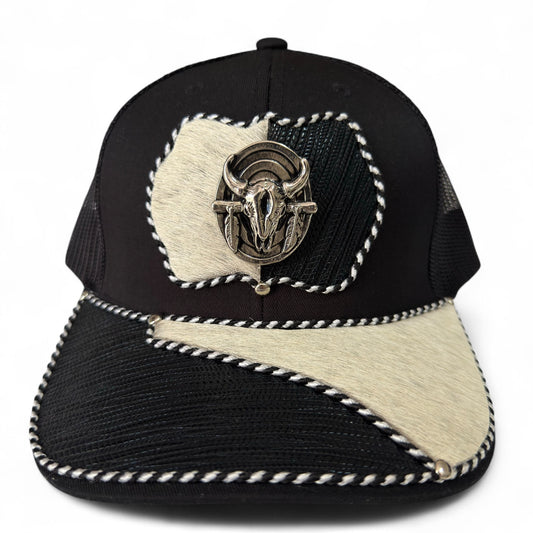 Gorra Trucker Vaquera Artesanal Negra | Cuero con Pelo Natural, Sintético y Herrajes | Hecha en México