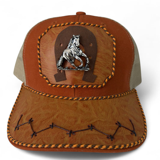 Gorra Trucker Vaquera  Artesanal Naranja Costuras | Cuero Sintético y Herrajes | Hecha en México