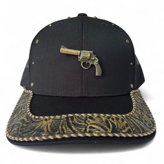 Gorra Trucker Vaquera  Artesanal Negra Pistola | Cuero Sintético y Herrajes | Hecha en México