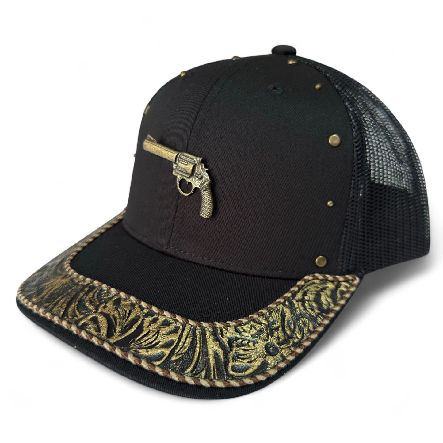 Gorra Trucker Vaquera  Artesanal Negra Pistola | Cuero Sintético y Herrajes | Hecha en México