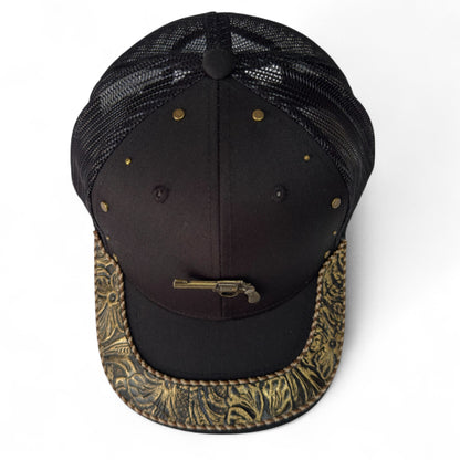 Gorra Trucker Vaquera  Artesanal Negra Pistola | Cuero Sintético y Herrajes | Hecha en México