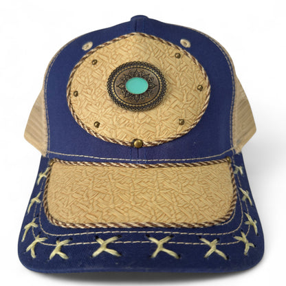 Gorra Trucker Artesanal Azul Amuleto | Cuero Sintético y Herrajes | Hecha en México
